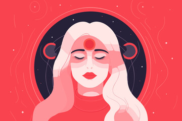 Peaceful woman with third eye employs intuition in decisions. Psychic girl considers mind and heart. Spirituality, esotericism. Vector art - obrazy, fototapety, plakaty