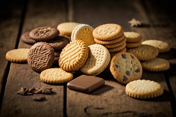 Spread out on the table are a variety of biscuits. Generative AI