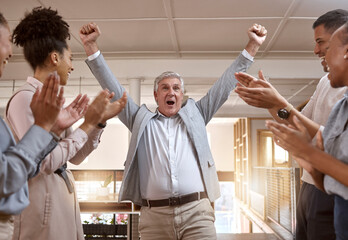 Business people, celebration and winning with applause for promotion, success or teamwork at...