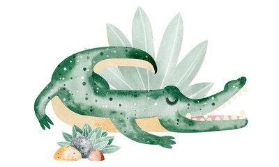 A green alligator with an open mouth. 
