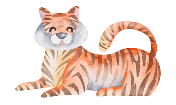 Watercolor cartoon tiger. African predatory animal of the savannah. Watercolor illustration of an animal. Animal cartoon character design. Isolated illustrations on a white background.