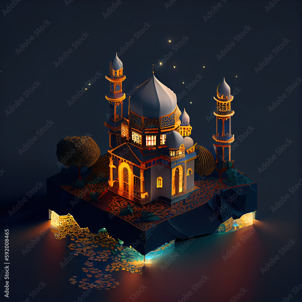 Wall mural mesmerizing mosque surrounded by clear seas and moonlit nights created using generative ai