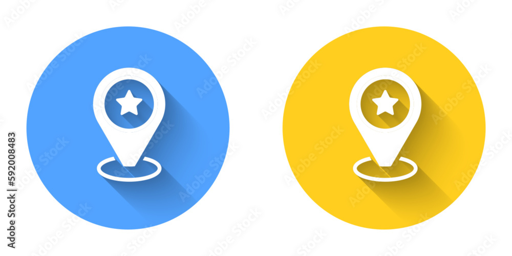 Poster white map pointer with star icon isolated with long shadow background. star favorite pin map icon. m