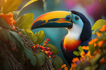 Fototapeta premium Toucan bird sitting on bunch with colorful tropical flowers. Nature travel. Wildlife. Generative AI