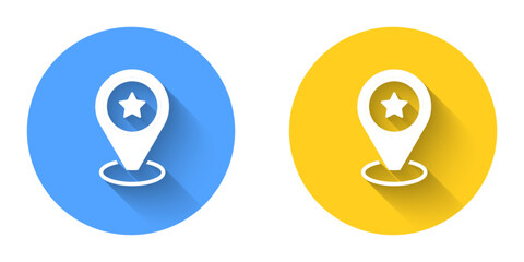 White Map pointer with star icon isolated with long shadow background. Star favorite pin map icon. Map markers. Circle button. Vector