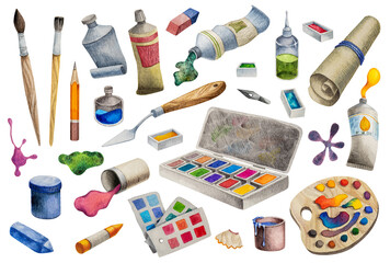 Fototapeta na wymiar Hand-drawn watercolor illustration using the artist's tools: paints, tubes, palettes, pencils, brushes and others. A large set of Artist's Tools highlighted on a white background