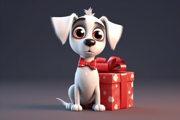Cute Cartoon Dog With Very Big Eyes With A Big Gift Box Red Bow. Generative AI