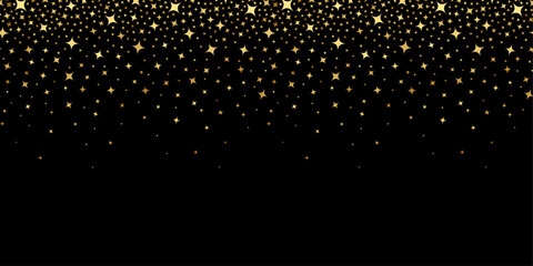 Gold star. Golden shooting stars. Falling star. Sparkle stardust. Gold starry on black background. Abstract scatter bright sparks. Random glitter particle design. Irregular stars. Vector illustration