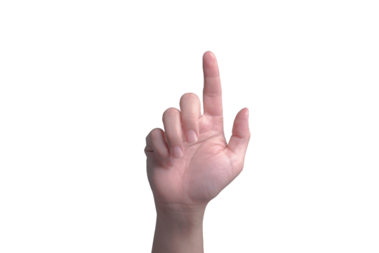 Man hand pointing on virtual touch screen with his finger. Hand press on button, selecting or choosing gesture. Hand isolated from background.