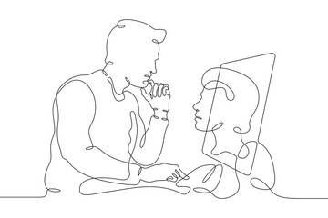 One continuous line. Neural network. A man works with a neural network. A man is sitting at a computer monitor. Head in the monitor. Artificial intelligence interface. One continuous line drawn isolat