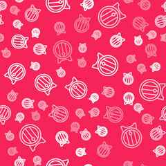 White line Wooden barrel on rack with stopcock icon isolated seamless pattern on red background. Vector