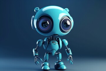 Cute Cartoon Robot With Very Big Eyes Blue Gradient Background. Generative AI