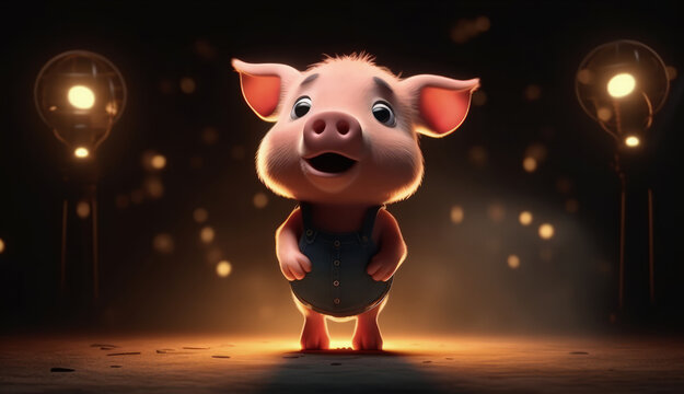 Cute Cartoon Pig With Very Big Eyes Singing Stage A Grand Stage With A Spotlight Shining A Solo Character. Generative AI