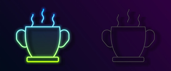 Glowing neon line Bowl of hot soup icon isolated on black background. Vector