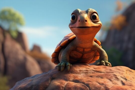 Cute Cartoon Turtle With Very Big Eyes And A Pitying Look Against A Rock Ledge With A Magnificent View. Generative AI