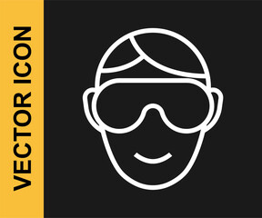 White line Eye sleep mask icon isolated on black background. Sleeping mask. Vector