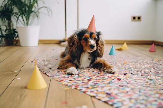 Dog's Birthday: Stick Play on Floor. Photo generative AI