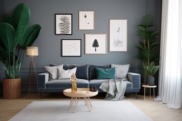 Living Room Decor with Gray Walls and Picture Frames. Photo generative AI
