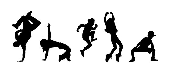 Silhouettes on a white background. Young people dancing.Vector black and white illustration.