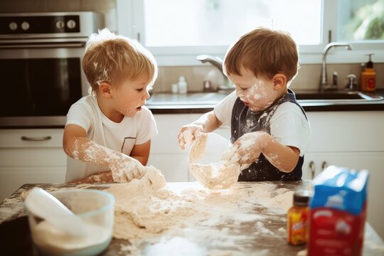 Boys in chaos: Baking mess!. Photo generative AI