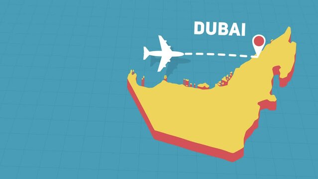 plane fly to Dubai on map of United Arab Emirates, 2d flight animation, travel and holiday concept