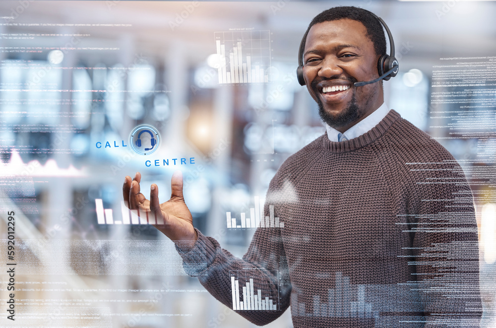 Poster happy, digital and portrait of a black man at a call center for telemarketing analysis at work. smil