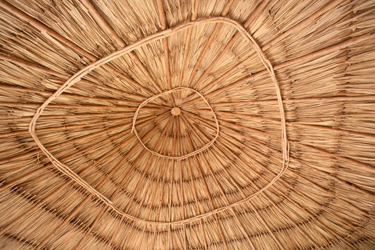 Detail of the inside of a tiki umbrella in Belize; Ambergris Caye, Belize