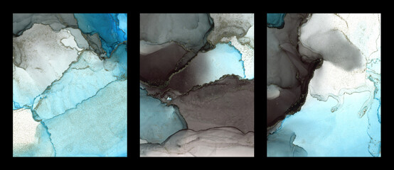 Set Abstract smoke watercolor and alcohol ink painting. Blue Color background. Marble texture.
