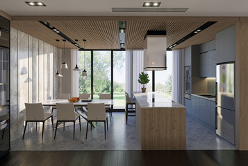 Obraz na płótnie Canvas 3d-render. Kitchen and dining room in an open space, in a modern-style studio apartment.