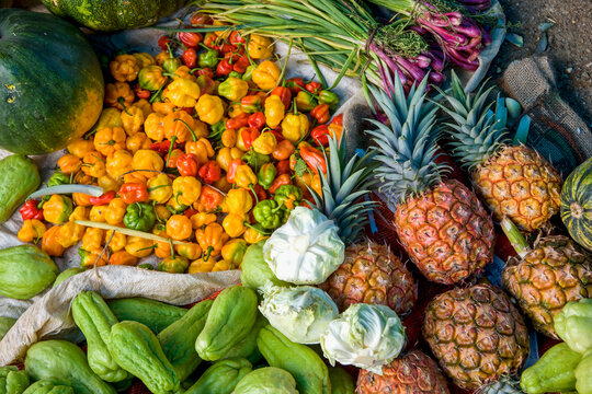 Jamaican locals sell fresh produce at the aptly named town of Newmarket; Newmarket, Jamaica
