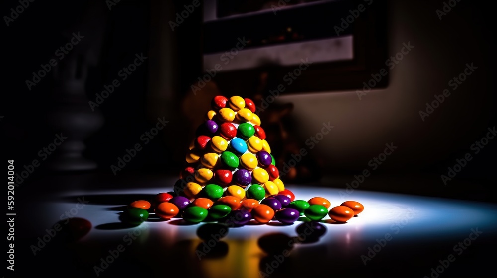 Poster a colorful candy pyramid on a table in a dark room with other candies scattered around the area and 