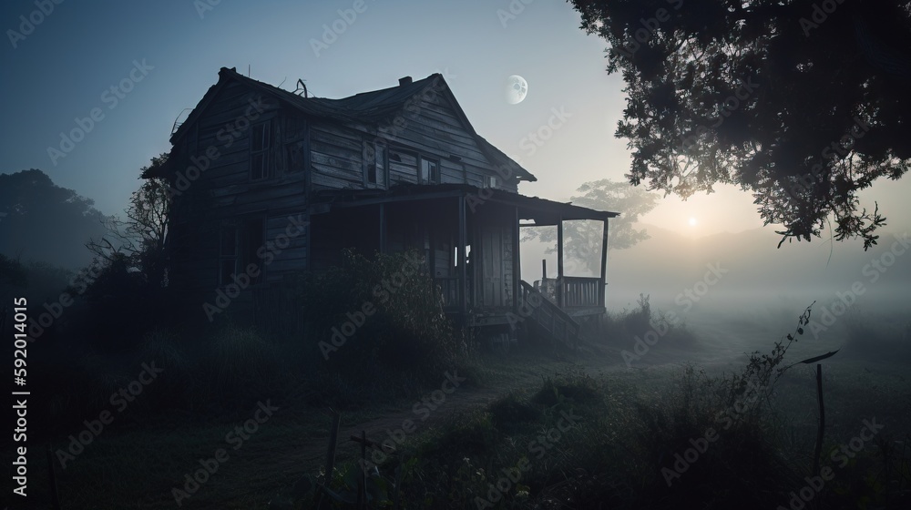 Poster a house in the fog with a full moon in the background and a tree in the foreground with a fence in t