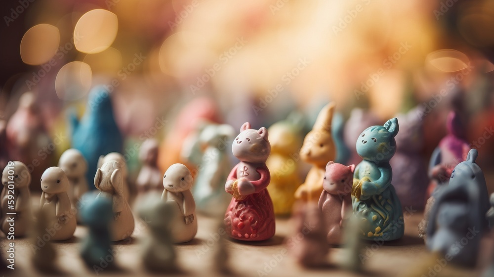 Poster a group of small figurines of different colors and sizes on a table top with blurry lights in the ba