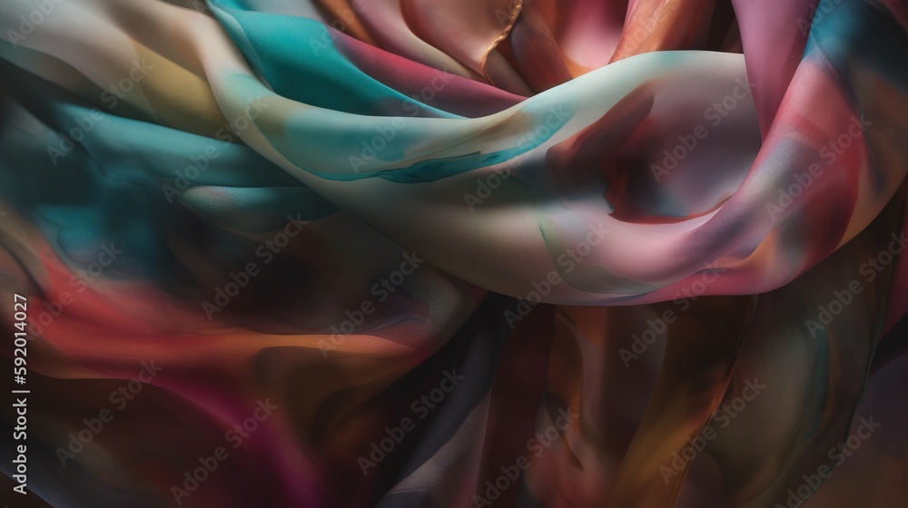 Poster an abstract painting of a multicolored cloth with a black background and a gold frame in the middle 