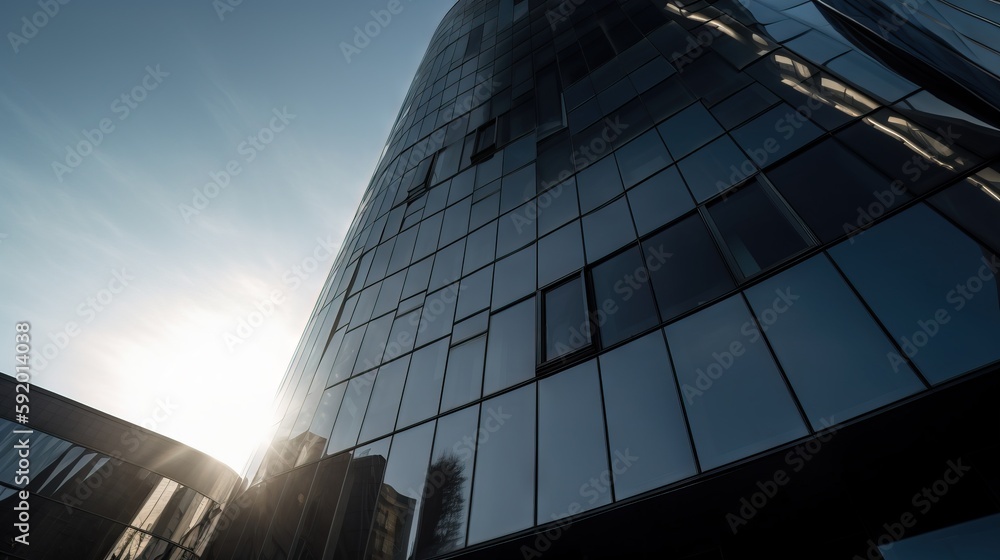 Poster the sun is shining behind a tall building with glass windows and a clock on the side of the building