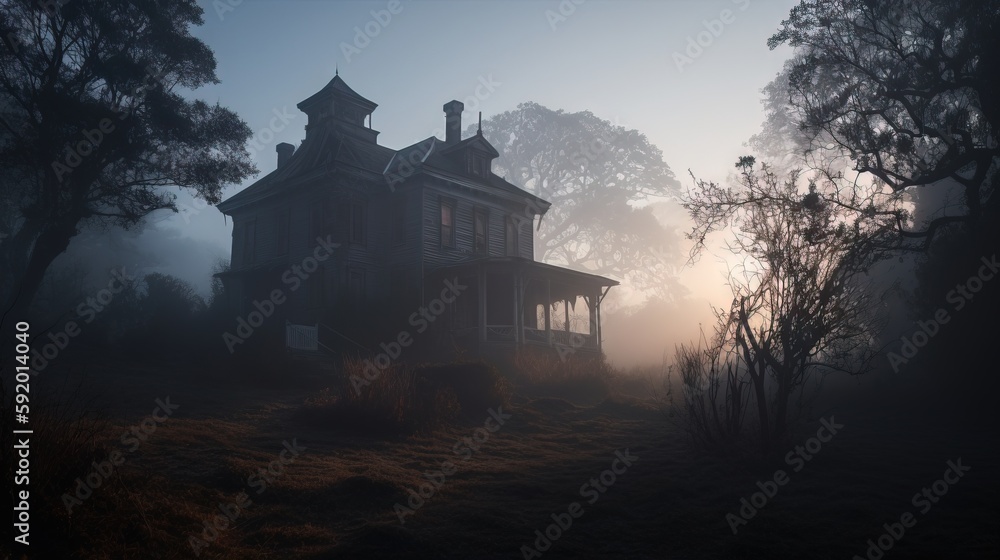 Aufkleber a house in the fog with trees in the foreground and a foggy sky in the background with a few clouds 