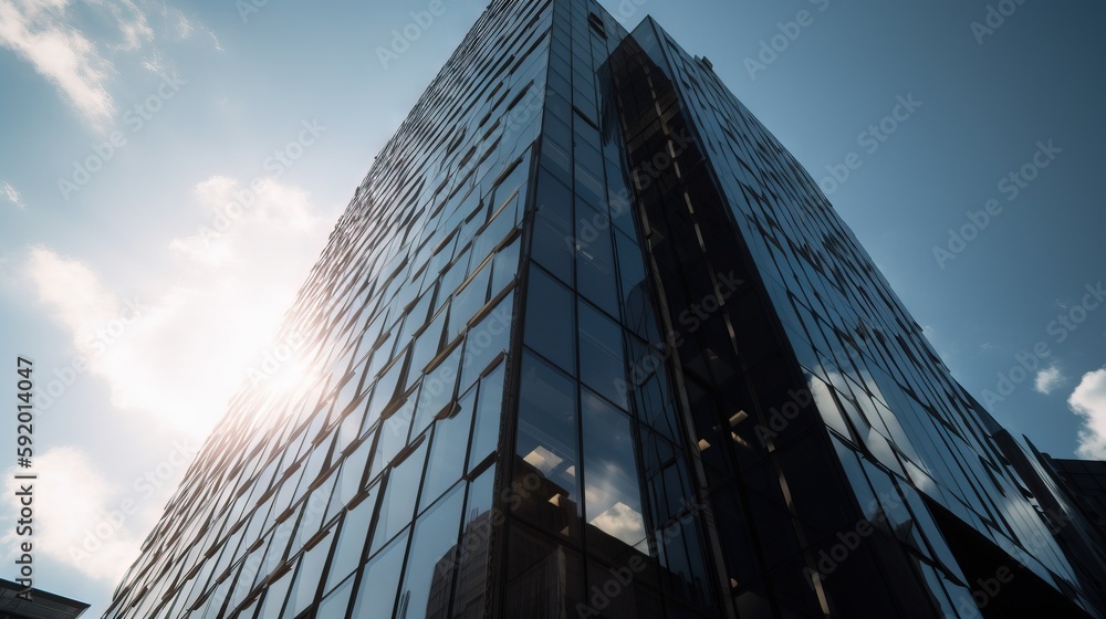 Poster a very tall building with a lot of windows on it's side and the sun shining through the clouds in th