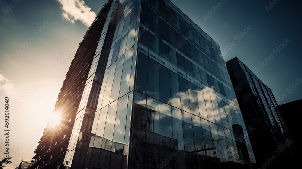Aufkleber the sun is shining through the windows of a tall glass building with a clock tower in the foreground