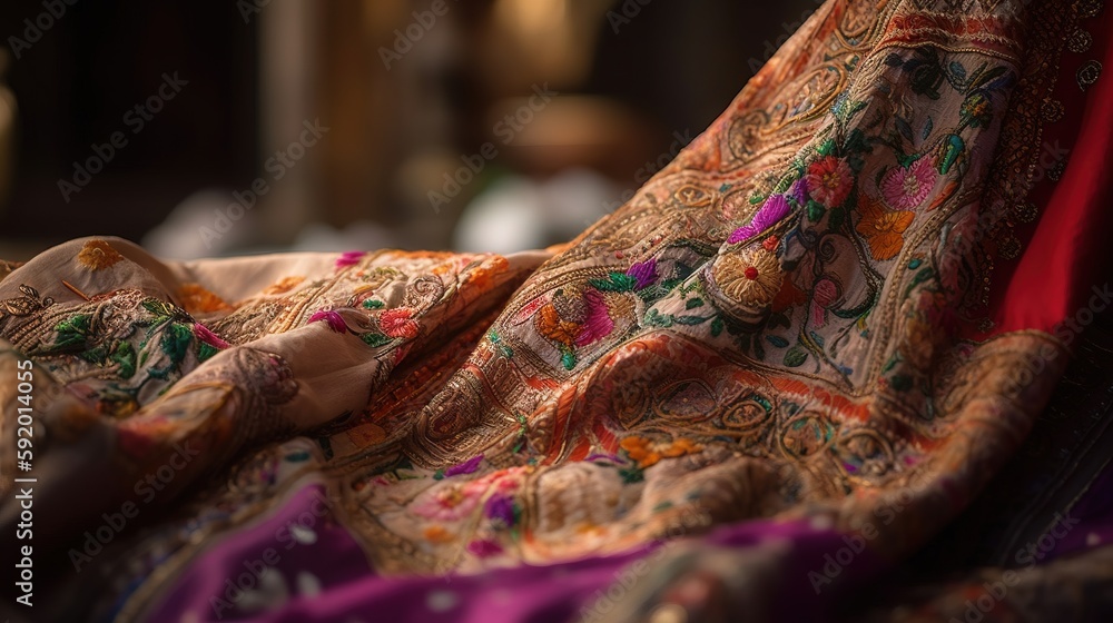Aufkleber a close up of a scarf with a pattern on it and a red and pink scarf on the other side of the image, 