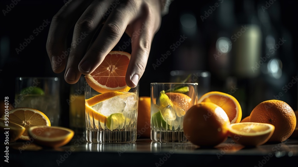 Poster a person is squeezing a slice of orange into a glass of water with a lemon slice on the side of the 