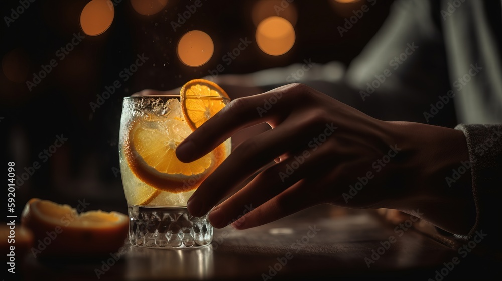 Poster a person reaching for a slice of orange in a glass of water on a table with a candle and some orange