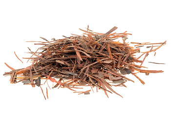 Pile of natural Taheeboo dry tea isolated on a white background. Lapacho herbal tea.