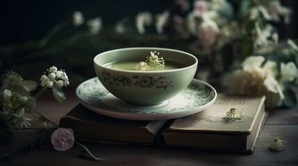 Obraz na płótnie Canvas a cup of green tea on a saucer and a book with flowers in the background on a wooden table with a bouquet of flowers. generative ai