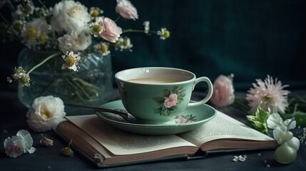 Obraz na płótnie Canvas a cup of tea on a saucer and a book with flowers in a vase on a dark table with a green background and a green background. generative ai