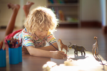 Little boy shadow drawing animals.