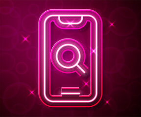Glowing neon line Magnifying glass and mobile icon isolated on red background. Search, focus, zoom, business symbol. Vector