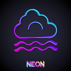 Glowing neon line Fog and cloud icon isolated on black background. Vector