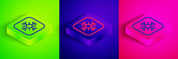 Isometric line Snowflake icon isolated on green, blue and pink background. Square button. Vector