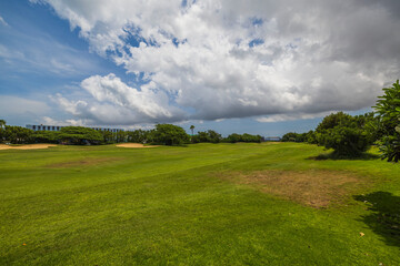 Beautiful view of green grass golf field on against blue sky with clouds background. Aruba. 