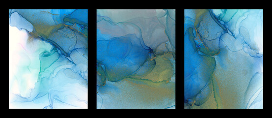 Set Abstract smoke watercolor and alcohol ink painting. Blue, gold color background. Marble texture.